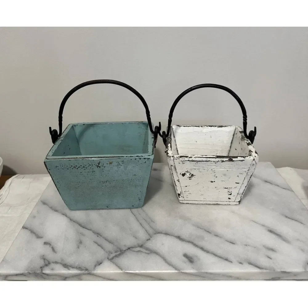Antique wood buckets pails Rustic Metal Set of 2 - Blue and White